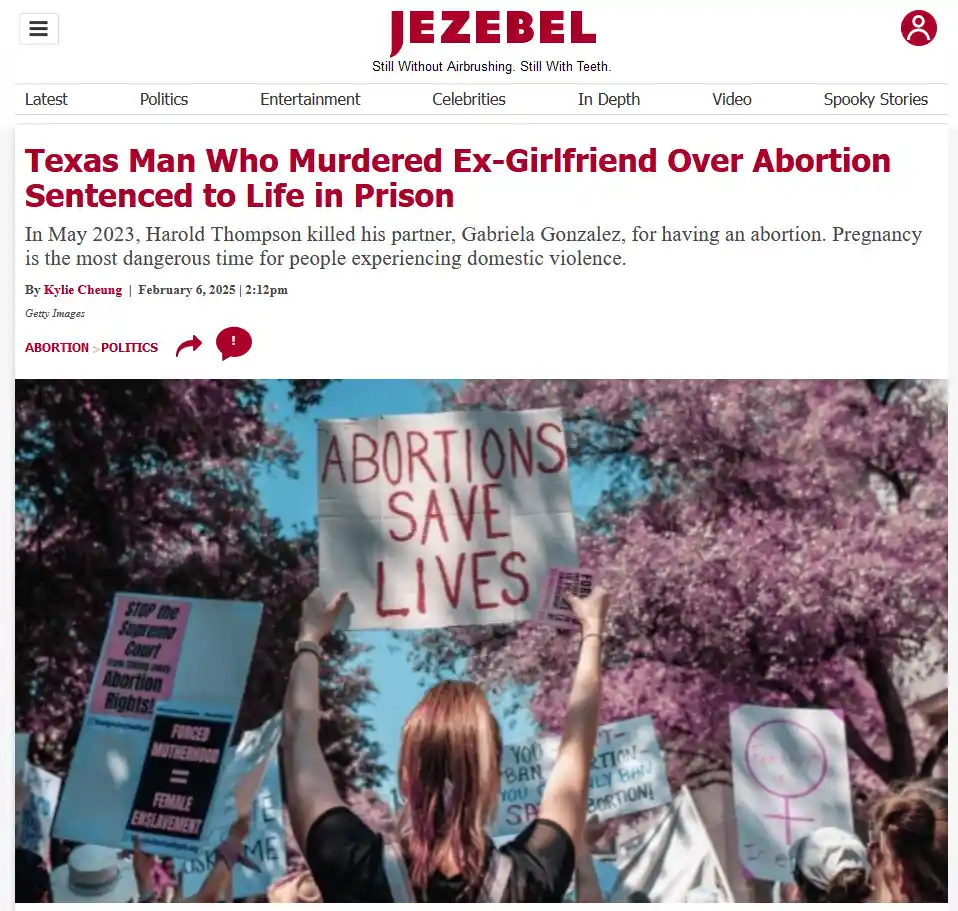 A protest photo shows a person from behind holding a sign that reads 'ABORTIONS SAVE LIVES' amidst other abortion rights…