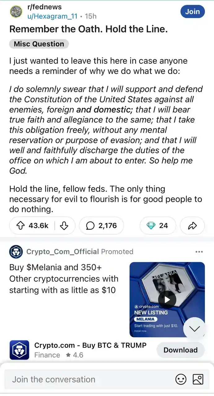 A screenshot of a Reddit post from r/fednews showing a user pasting the full text of the U.S. presidential oath of office…