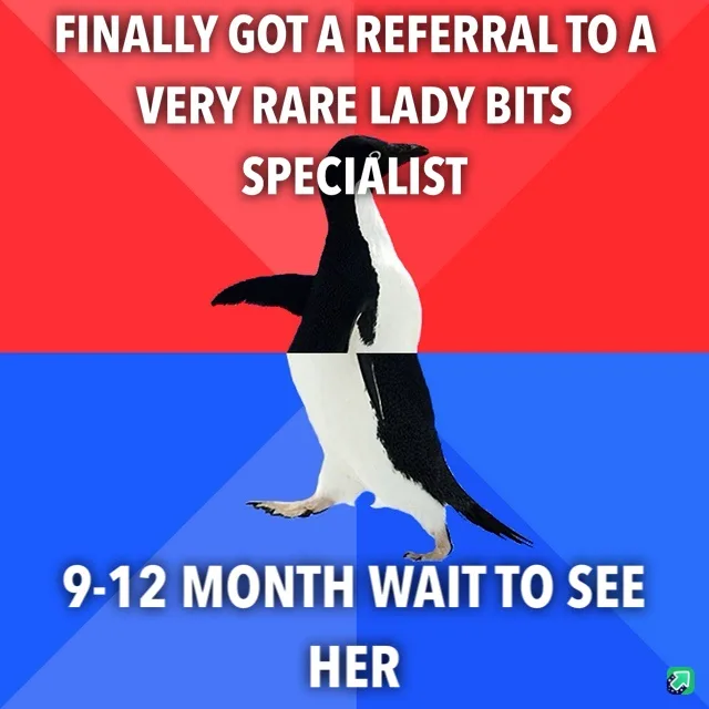A penguin stands centered against a red and blue background, with white text overlaid. The top text reads 'FINALLY GOT A…