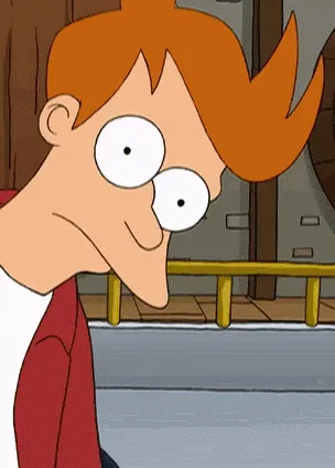 A six-panel animation of the animated character Fry from Futurama, showing him in a sequence of expressions that transition…