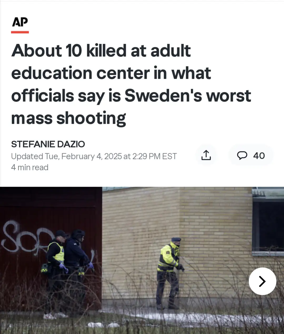A screenshot of an AP news article headline about a mass shooting at an adult education center in Sweden, with a photo below…