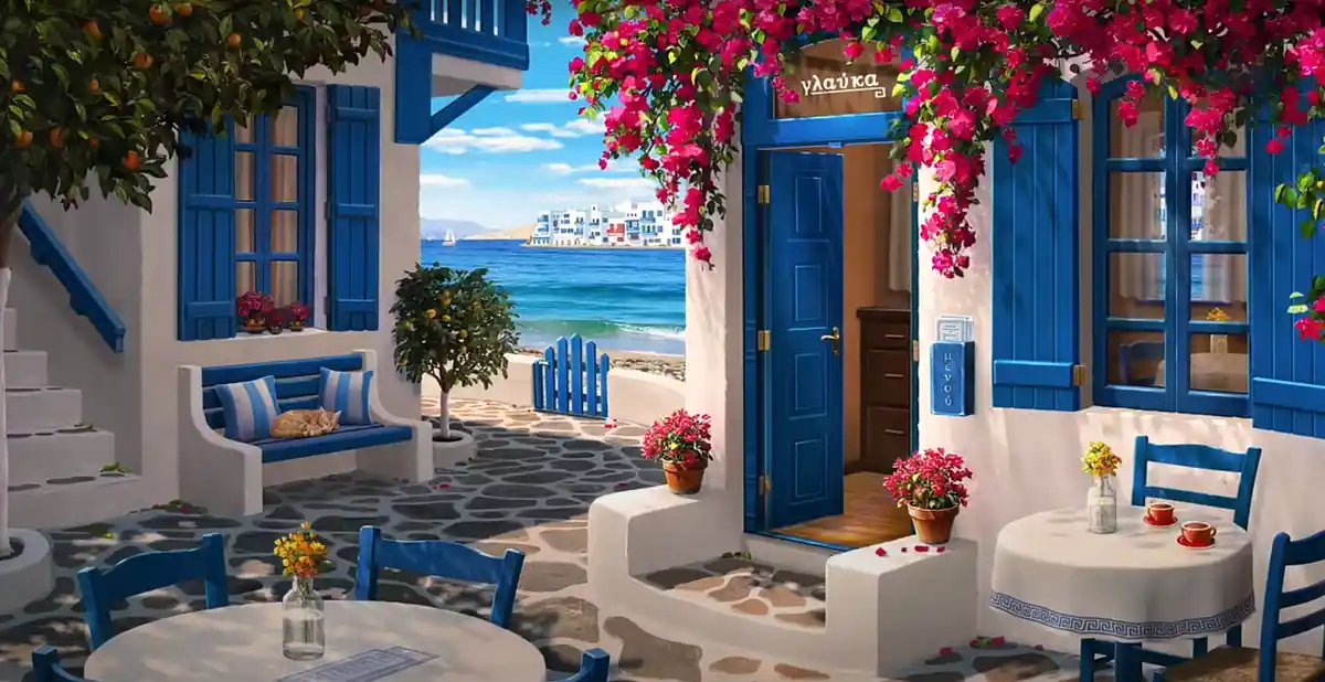 A picturesque, idyllic Greek seaside scene with white buildings, blue shutters, and vibrant pink bougainvillea. A cat is…