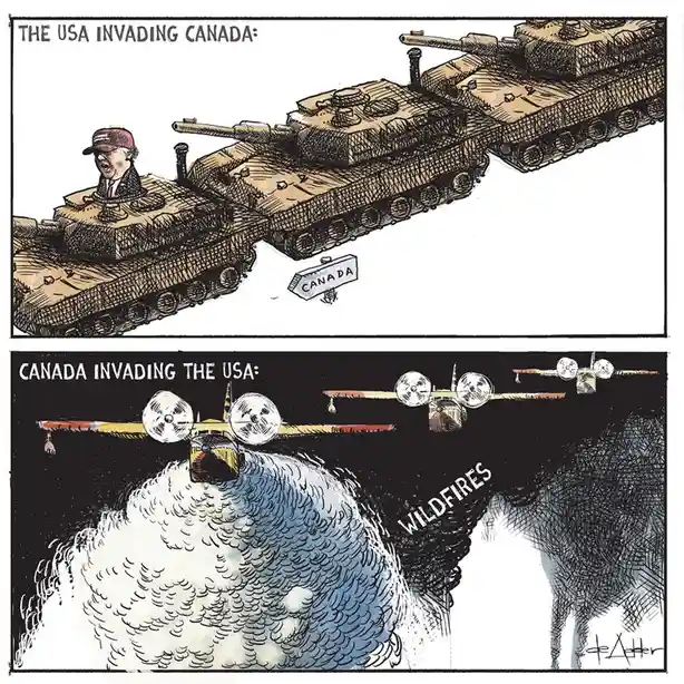 The top panel shows a cartoon of Donald Trump wearing a MAGA hat, sitting atop a tank leading a line of tanks approaching a…
