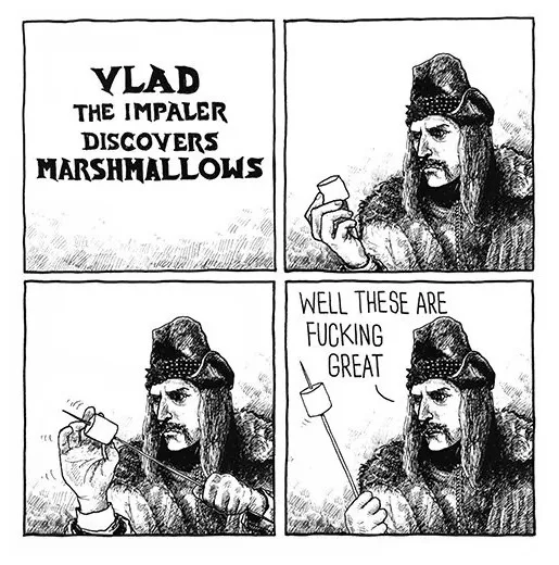 A four-panel comic strip shows Vlad the Impaler, a historical figure with a long beard and fur-lined clothing, discovering…