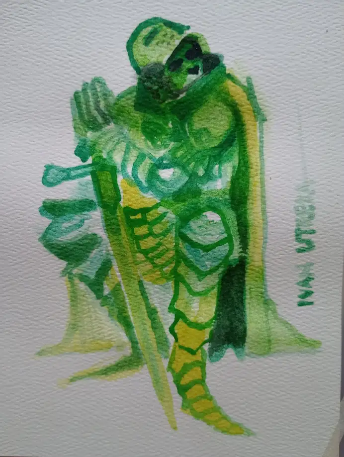 A watercolor drawing of a green, skeletal warrior figure holding a sword, with the text 'i am stream' written vertically…