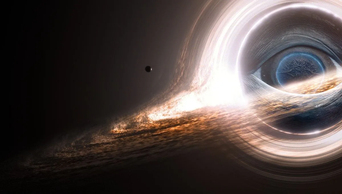 A cosmic scene shows a black hole with a swirling accretion disk, and the event horizon is visually replaced with a large…