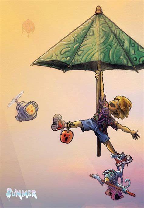 A cartoon boy hangs from a large green parasol floating in the sky, with a small robot flying nearby and a monkey holding a…