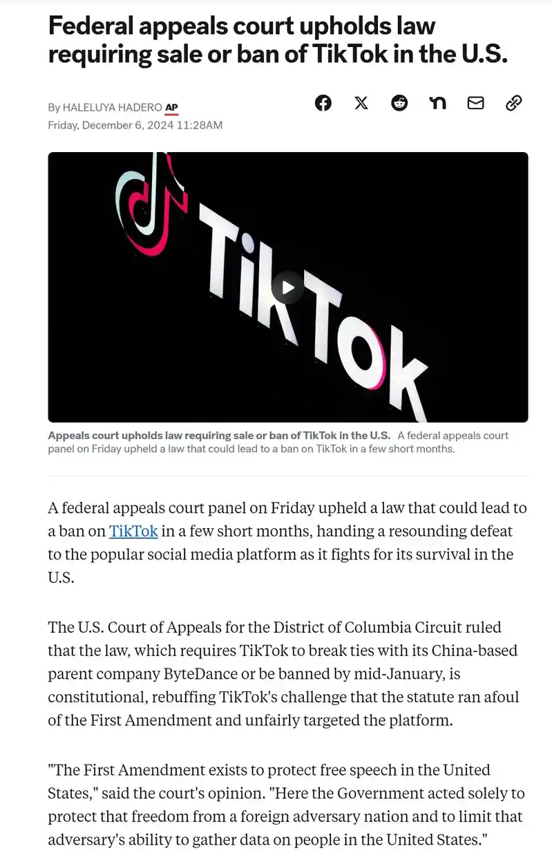 A screenshot of a news article from the AP dated December 6, 2024, with a headline stating 'Federal appeals court upholds…
