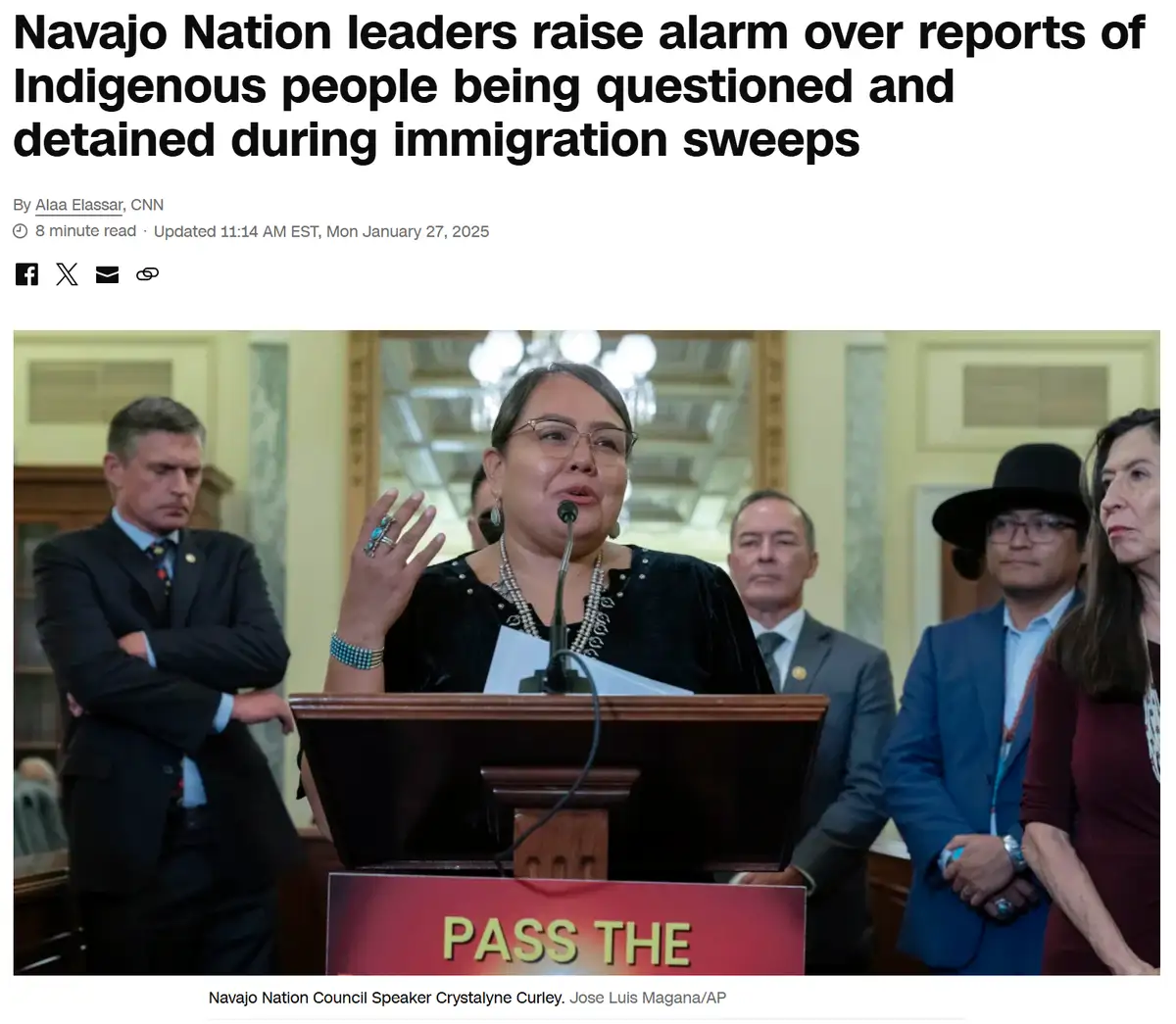 A news article screenshot shows Navajo Nation Council Speaker Crystalyne Curley speaking at a podium with 'PASS THE' visible…