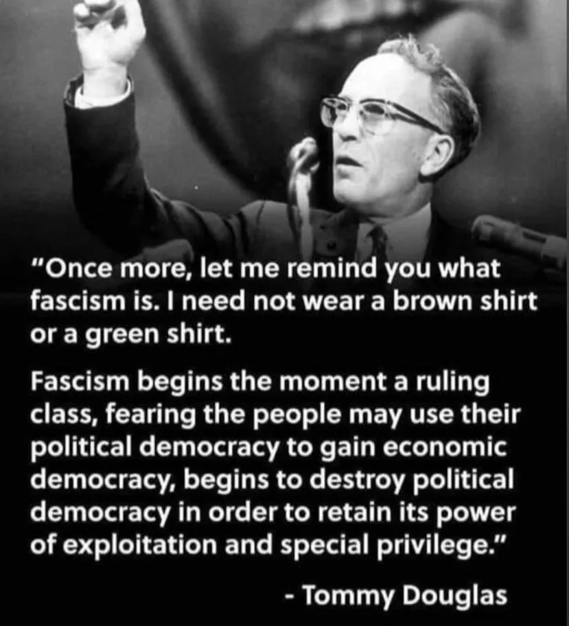 A black-and-white photo of Tommy Douglas speaking at a podium with one arm raised, overlaid with a long quote attributed to…