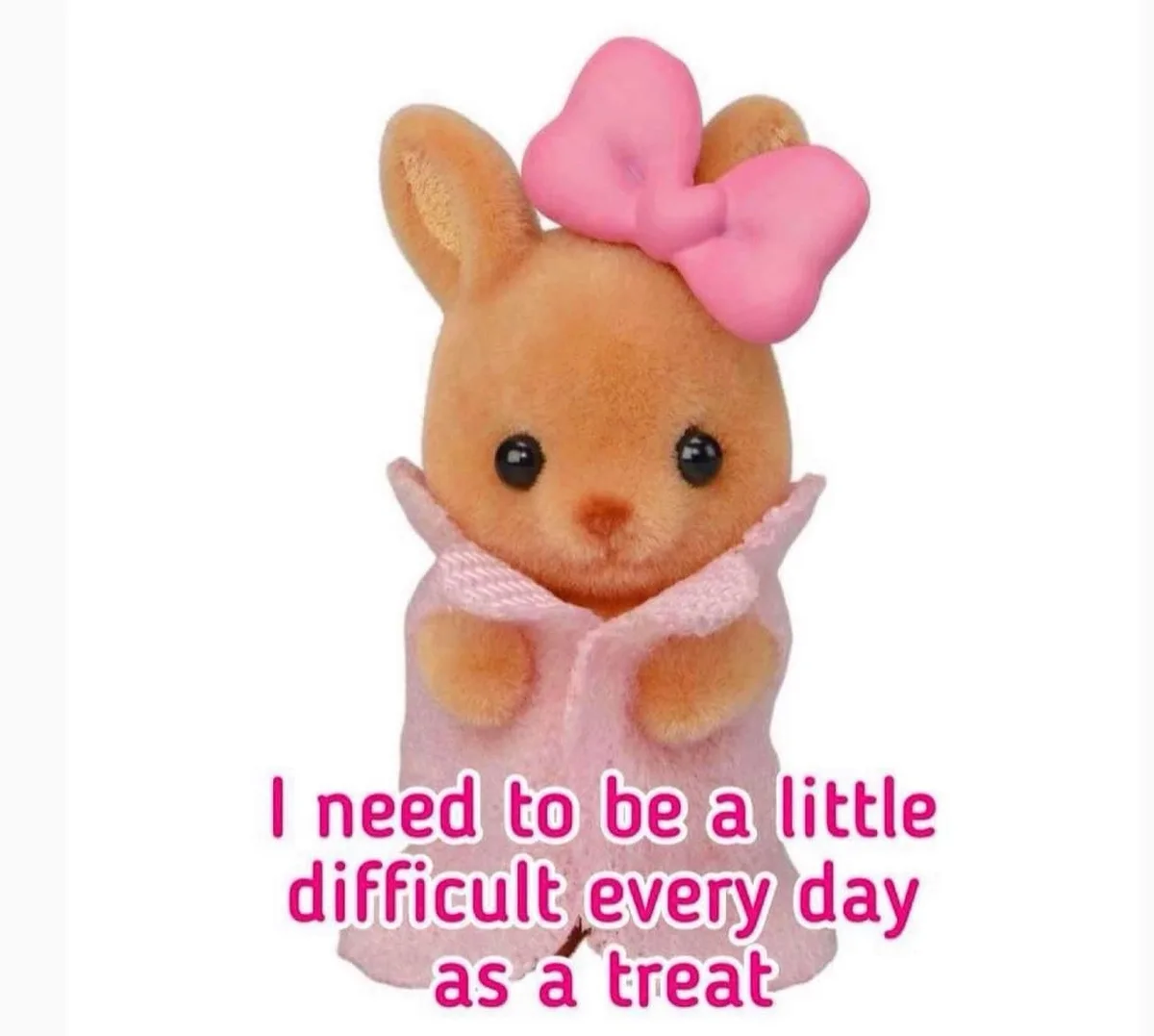A plush toy rabbit with a pink bow on its head and wearing a pink outfit is shown against a white background. The text…