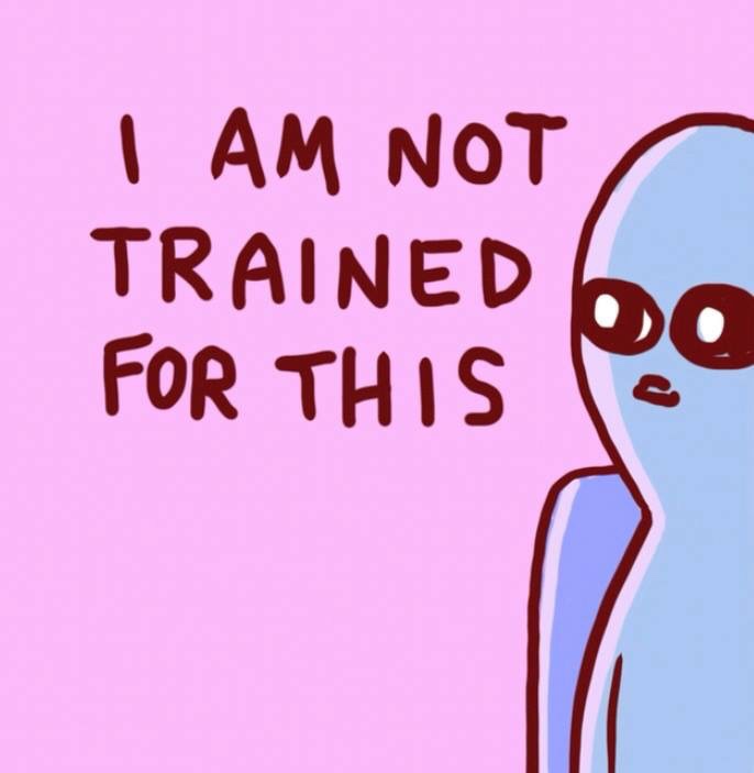 A cartoonish blue alien with large, round eyes and a small mouth peeks from the right side of a solid pink background. The…