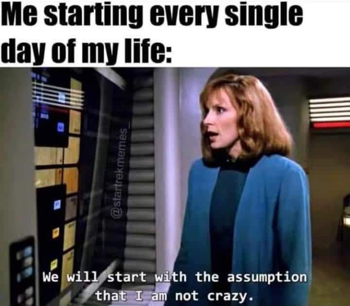 A woman in a blue Star Trek uniform stands in a futuristic corridor, looking surprised. The text overlay reads 'Me starting…