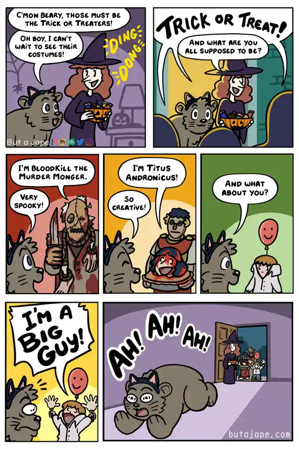A six-panel comic strip shows a witch and her cat, Beary, excitedly welcoming trick-or-treaters. The children reveal their…