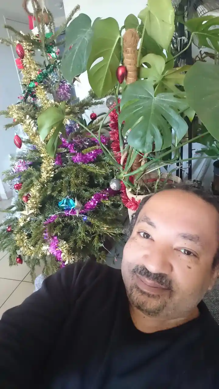 A man takes a selfie in front of a decorated christmas tree and a large monstera plant, both adorned with colorful tinsel…