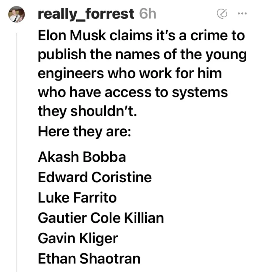 A screenshot of a social media post by 'really_forrest' listing names of engineers allegedly working for Elon Musk, with…