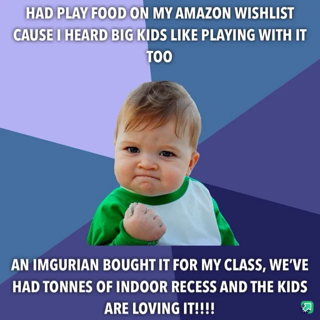A baby with a pouty face and clenched fist is overlaid with text that reads 'HAD PLAY FOOD ON MY AMAZON WISHLIST CAUSE I…
