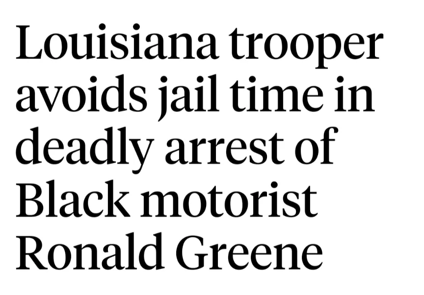 The image displays bold black text on a plain white background. The text reads: 'Louisiana trooper avoids jail time in…