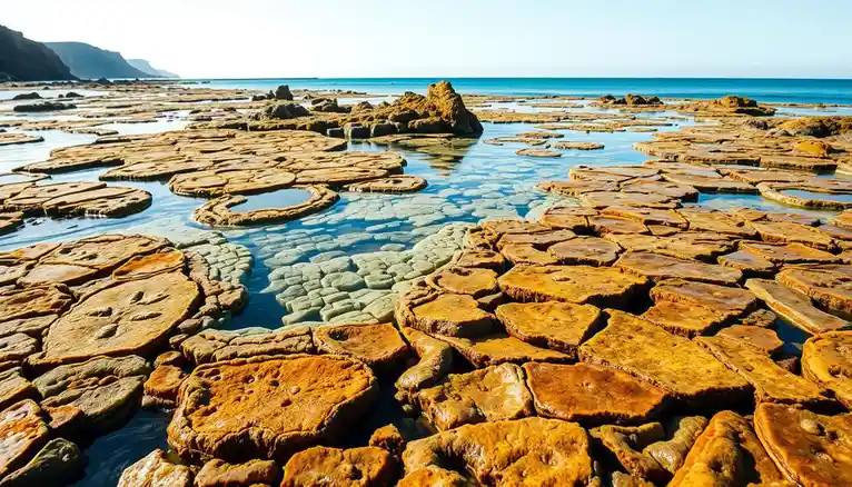 a scenic coastal landscape featuring flat, round, golden-brown rock formations partially submerged in shallow, clear blue…