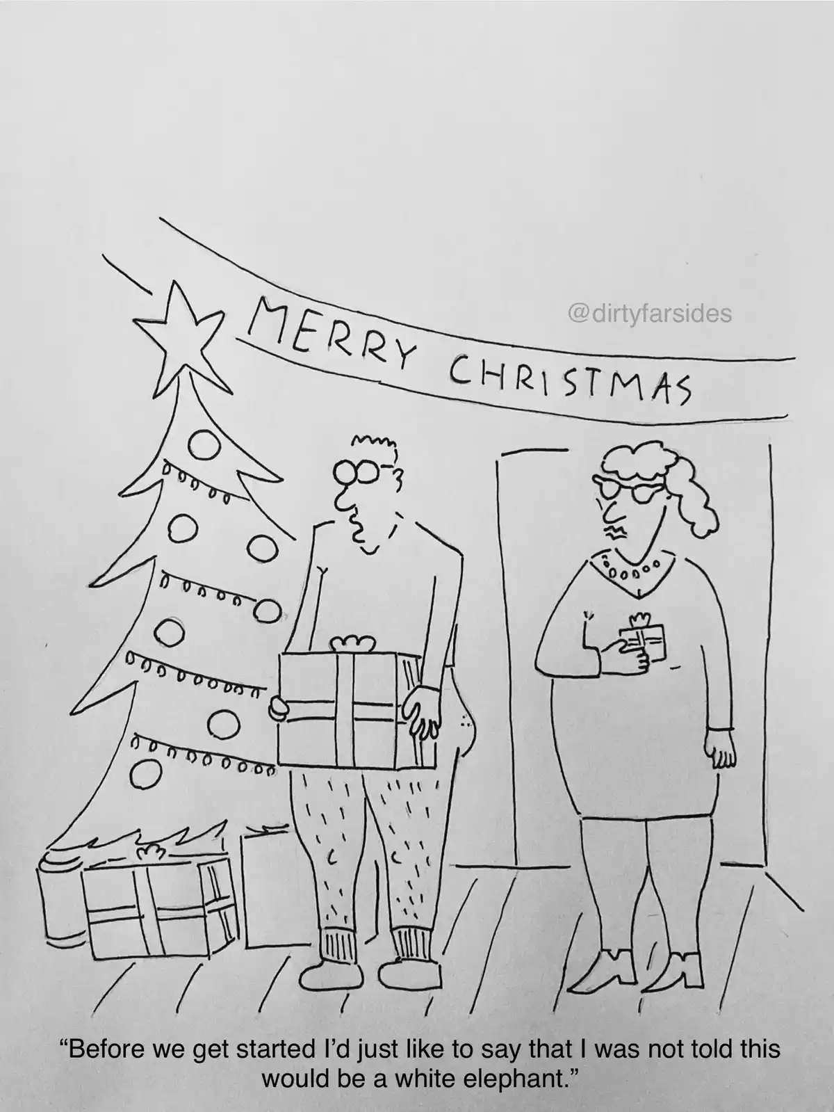 A black-and-white line drawing shows two people at a Christmas party with a decorated tree and a 'MERRY CHRISTMAS' banner…
