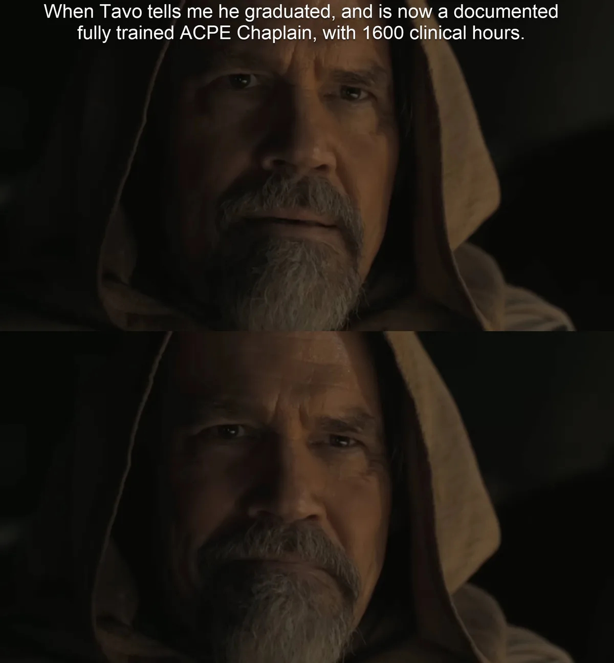 The image shows a two-panel meme featuring actor Bill Pullman as the character Tavion from Star Wars: The Clone Wars. In the…