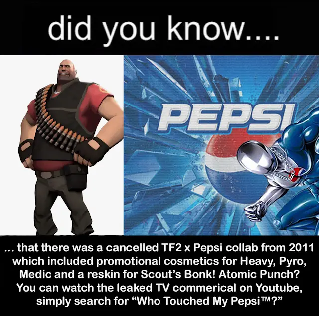 The image is split: left side shows the video game character Heavy from Team Fortress 2, right side shows the Pepsi logo…