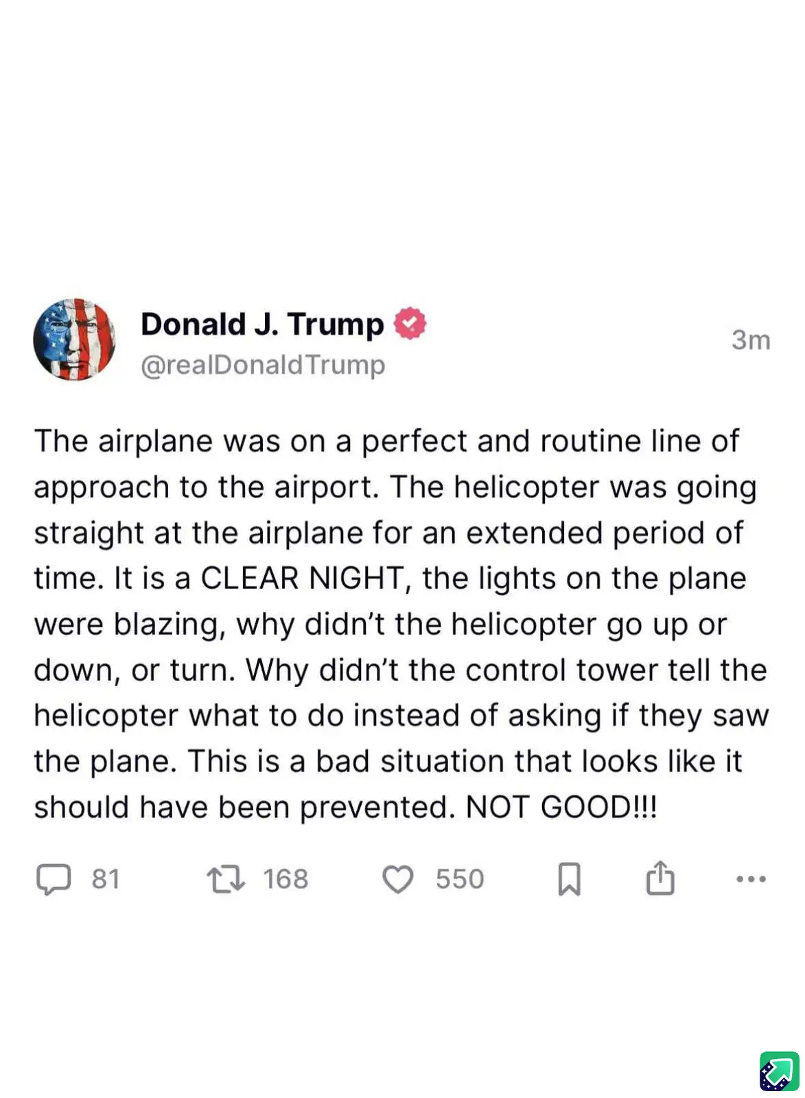A screenshot of a tweet from Donald J. Trump's verified account, @realDonaldTrump, posted 3 minutes ago. The tweet describes…