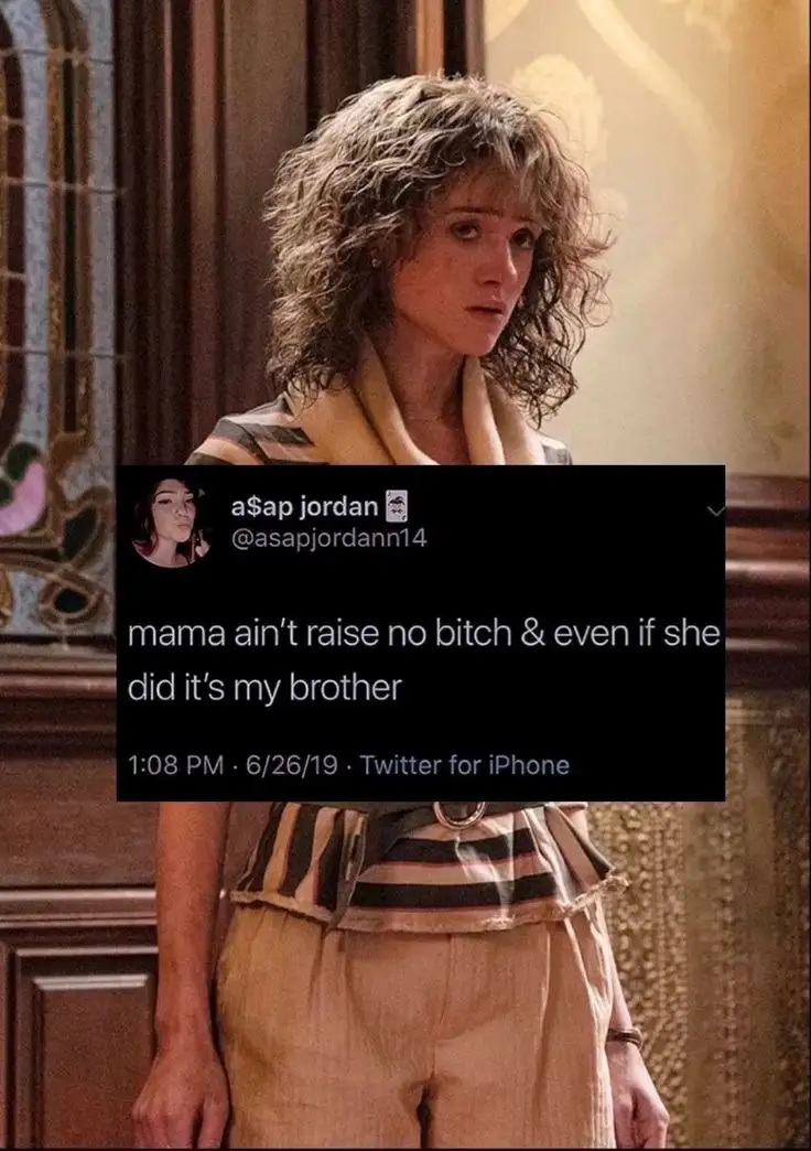 A screenshot of a tweet from user 'a$ap jordan' overlaid on a still image of a woman with curly hair wearing a striped top…