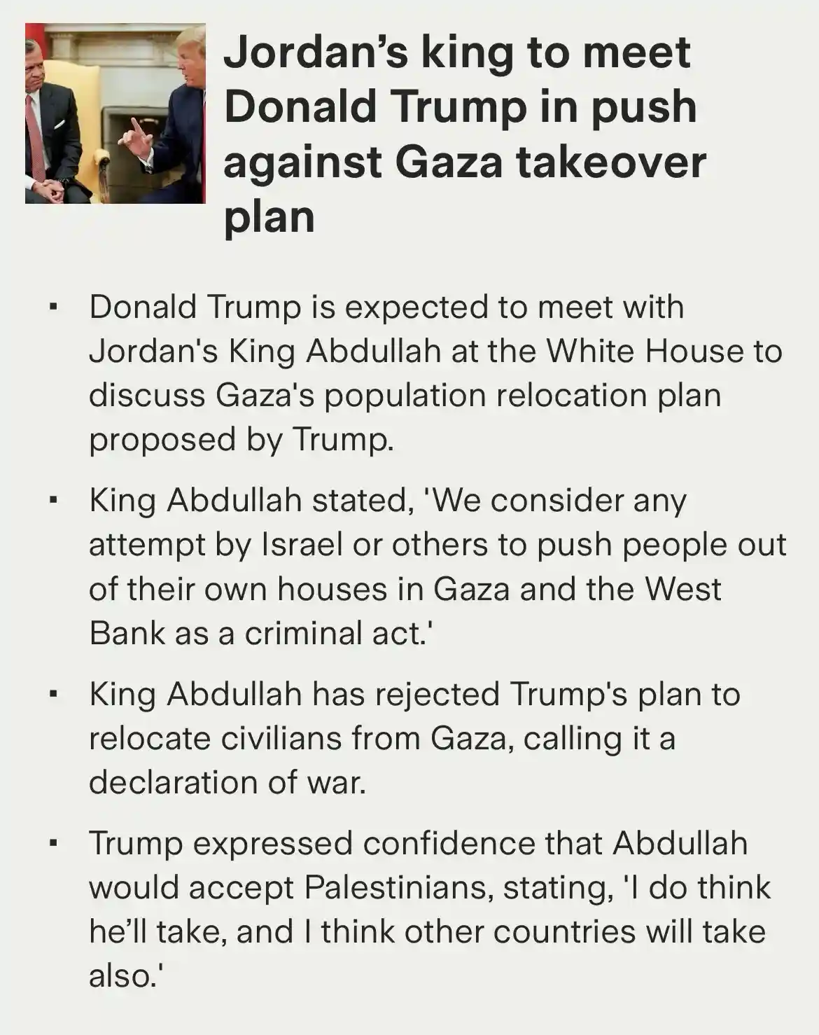 The image displays a news article layout with a small photo of Donald Trump gesturing while seated next to another man in a…