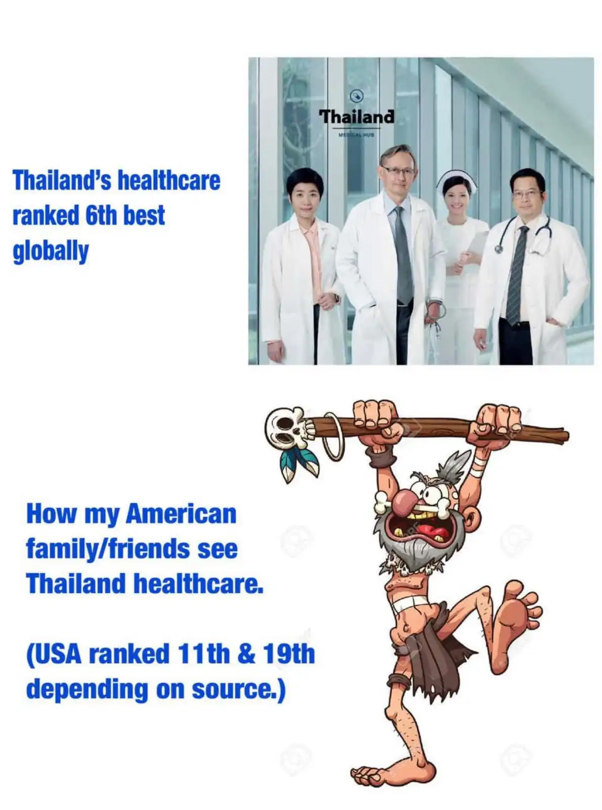 The image is split into two parts. The top shows four smiling medical professionals in white coats and scrubs standing in…