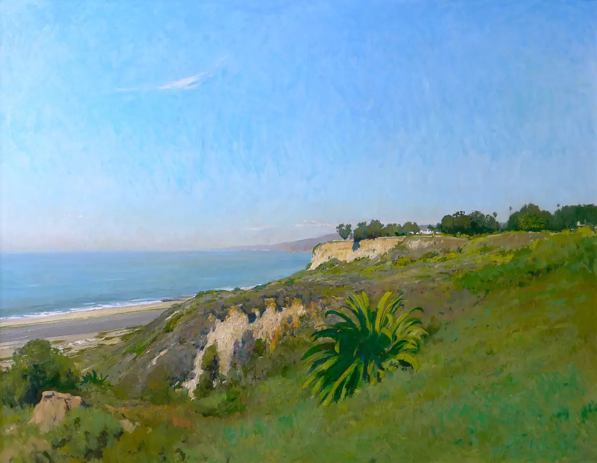 A serene oil painting depicts a coastal landscape with cliffs, ocean, beach, and greenery under a clear blue sky. Overlaid…