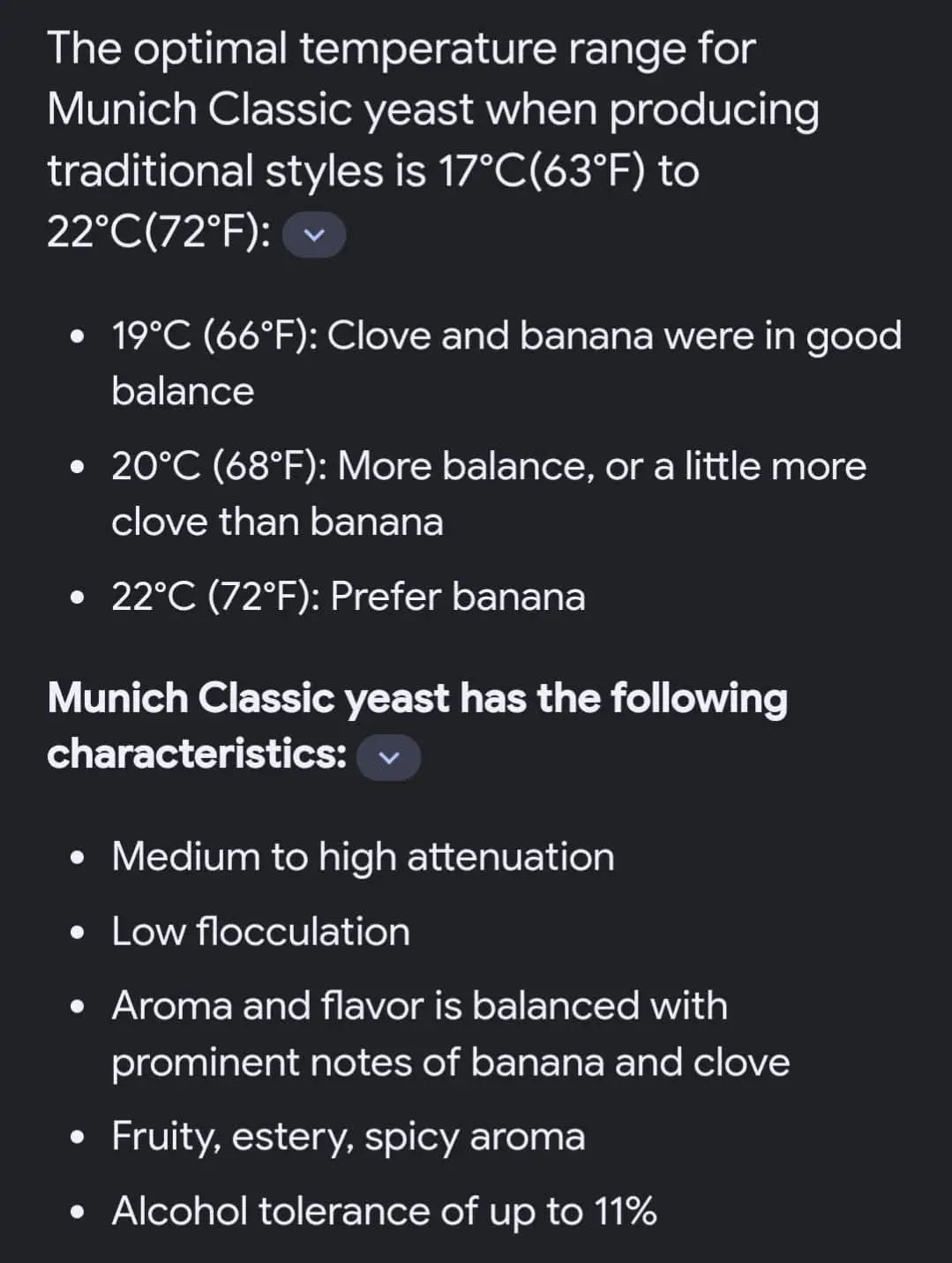 A screenshot of a dark-themed text document detailing the optimal temperature range and characteristics of Munich Classic…