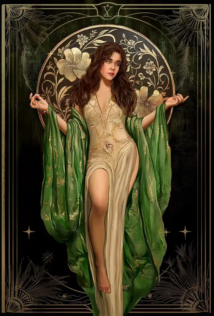 A woman with long brown hair, wearing a gold-embroidered beige gown and a flowing green robe, stands in a regal pose against…