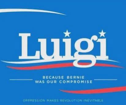 A blue political campaign-style graphic features the name 'Luigi' in large white text with stars above it, mimicking a…