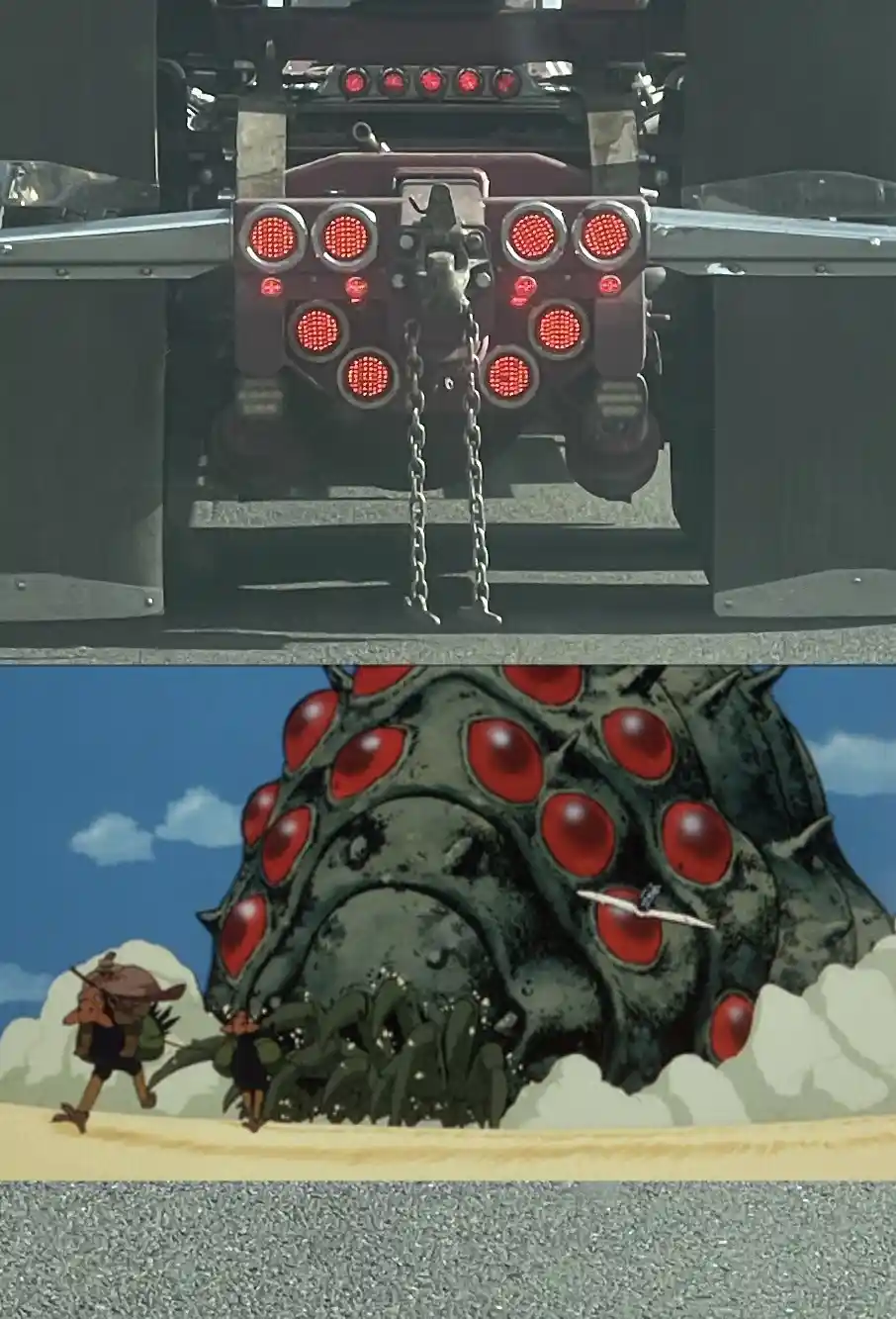 The image is split into two panels: the top shows the rear of a large truck with multiple red brake lights arranged in a…