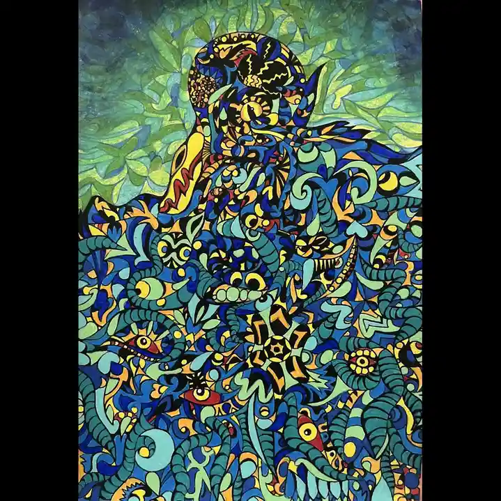A vibrant, psychedelic painting depicts a stylized human figure composed of swirling, abstract patterns in blue, green…