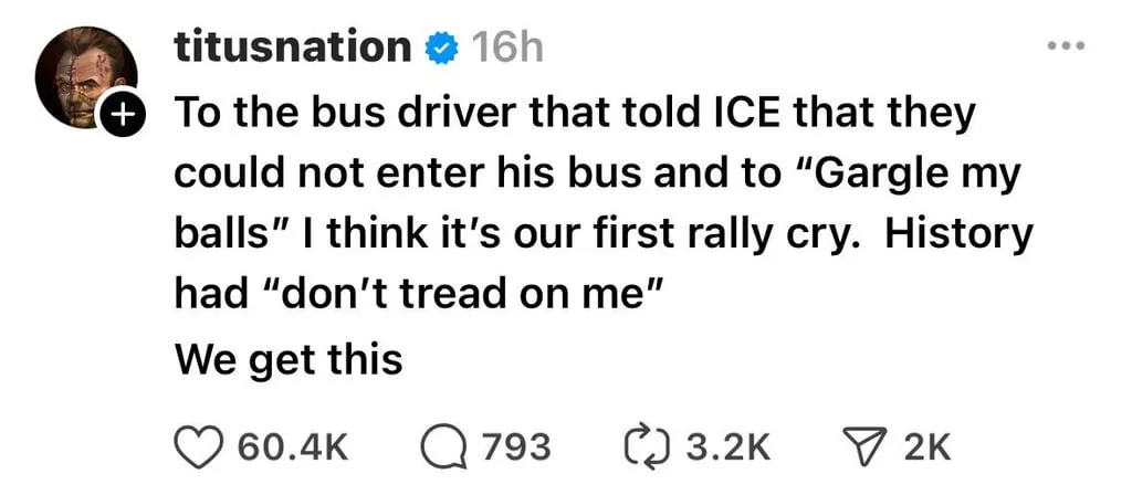 A screenshot of a Twitter post by 'titusnation' with a profile picture of a man with a scarred face. The post's text reads…