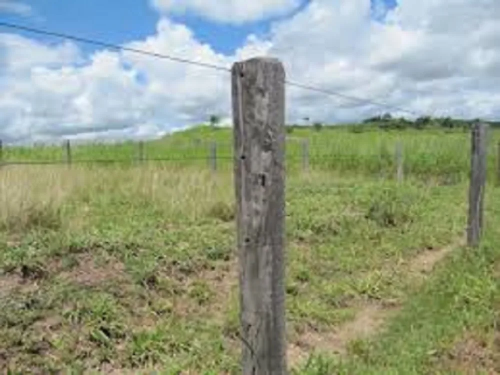 A weathered wooden fence post stands in a grassy field under a partly cloudy sky, with wires strung between posts. The…