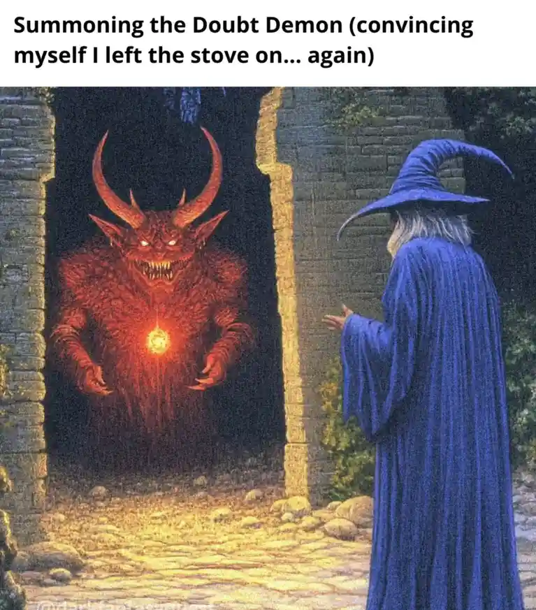 A wizard in a blue robe and hat stands facing a red, horned demon with glowing eyes and a glowing chest, emerging from a…