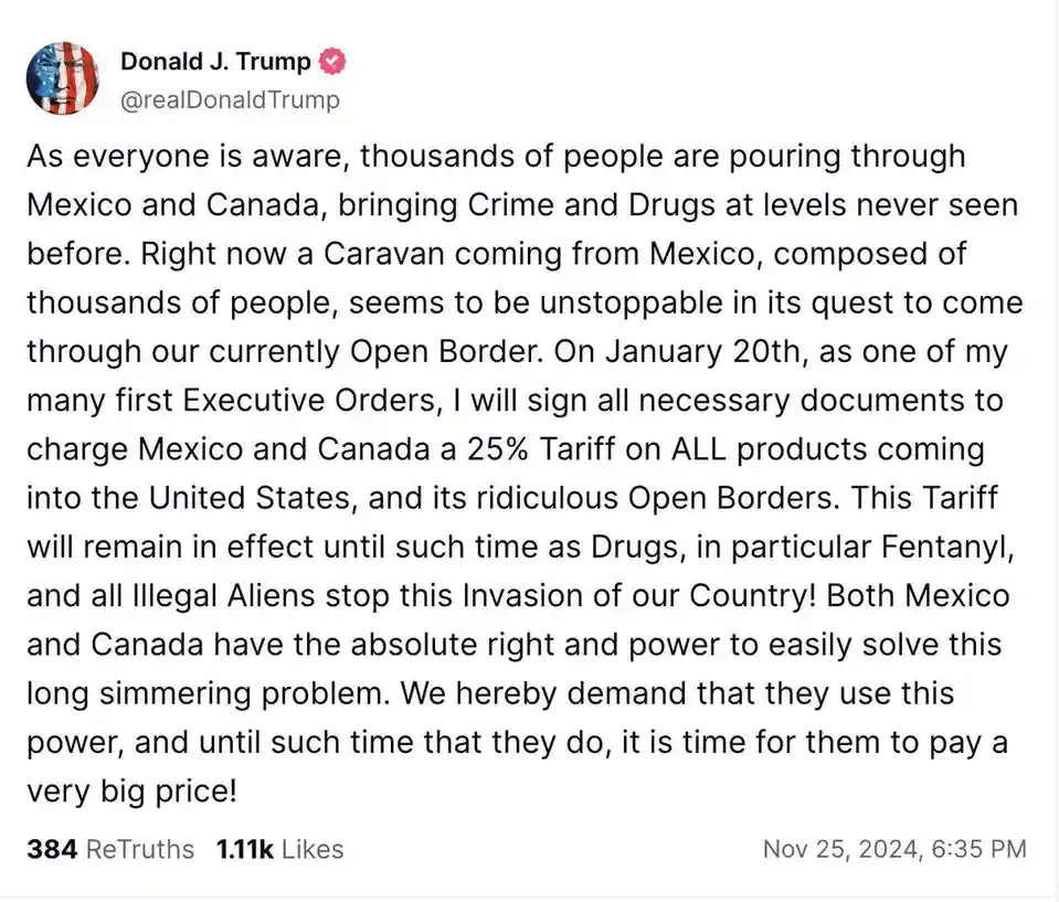 The image displays a screenshot of a fictional tweet attributed to Donald J. Trump, dated November 25, 2024, which falsely…