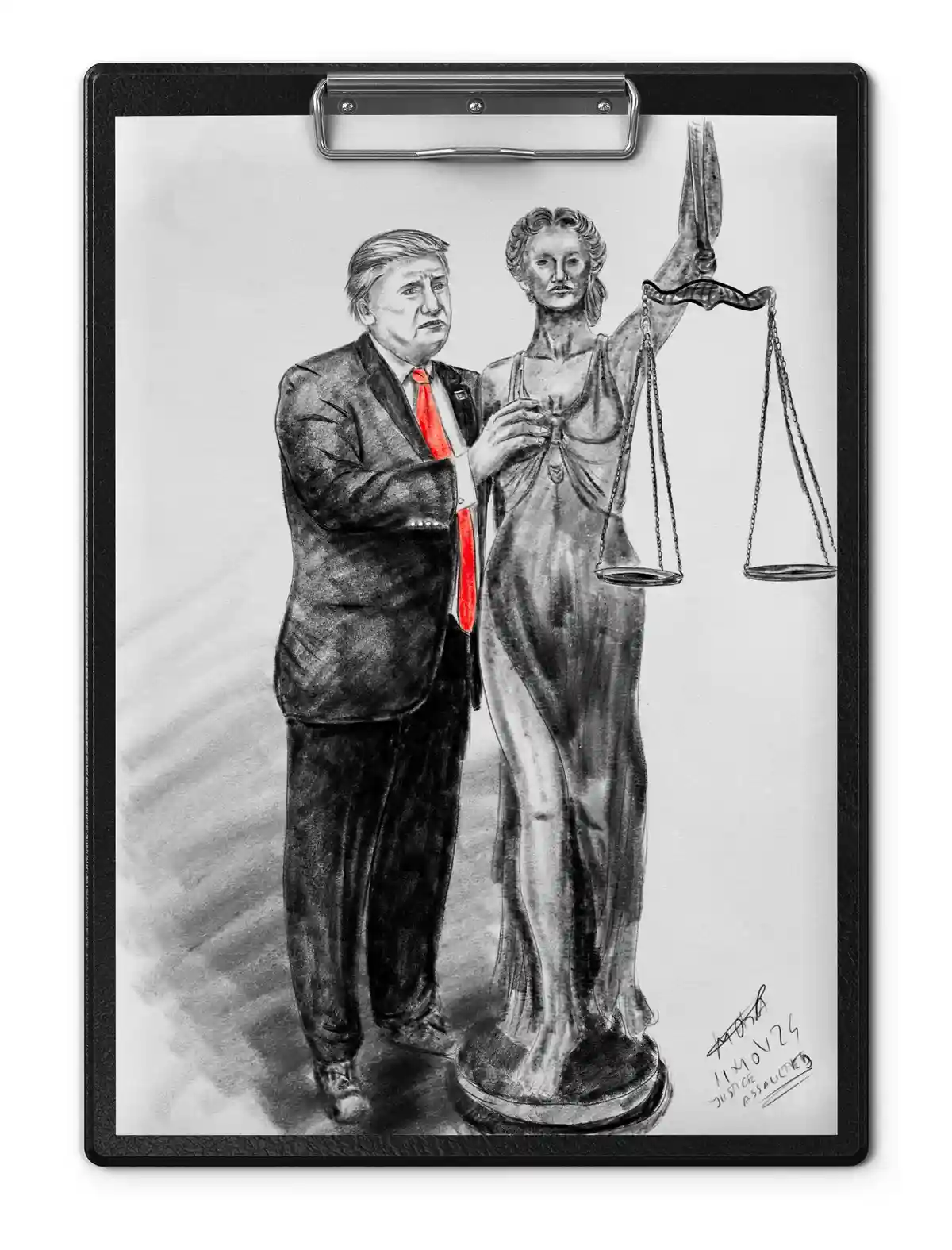 A black-and-white sketch on a clipboard shows a man in a suit with a red tie standing beside a statue of Lady Justice. The…