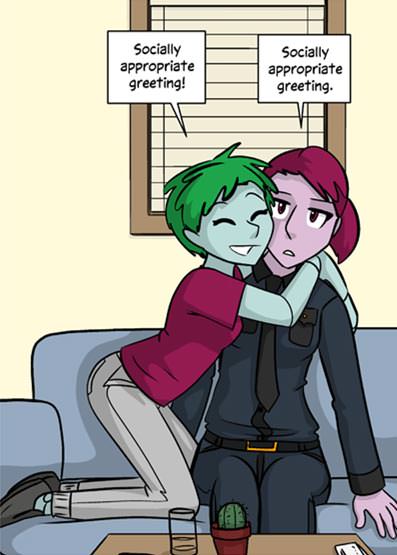 Two cartoon characters are on a couch; one with green hair hugs the other with red hair from behind. The hugging character…