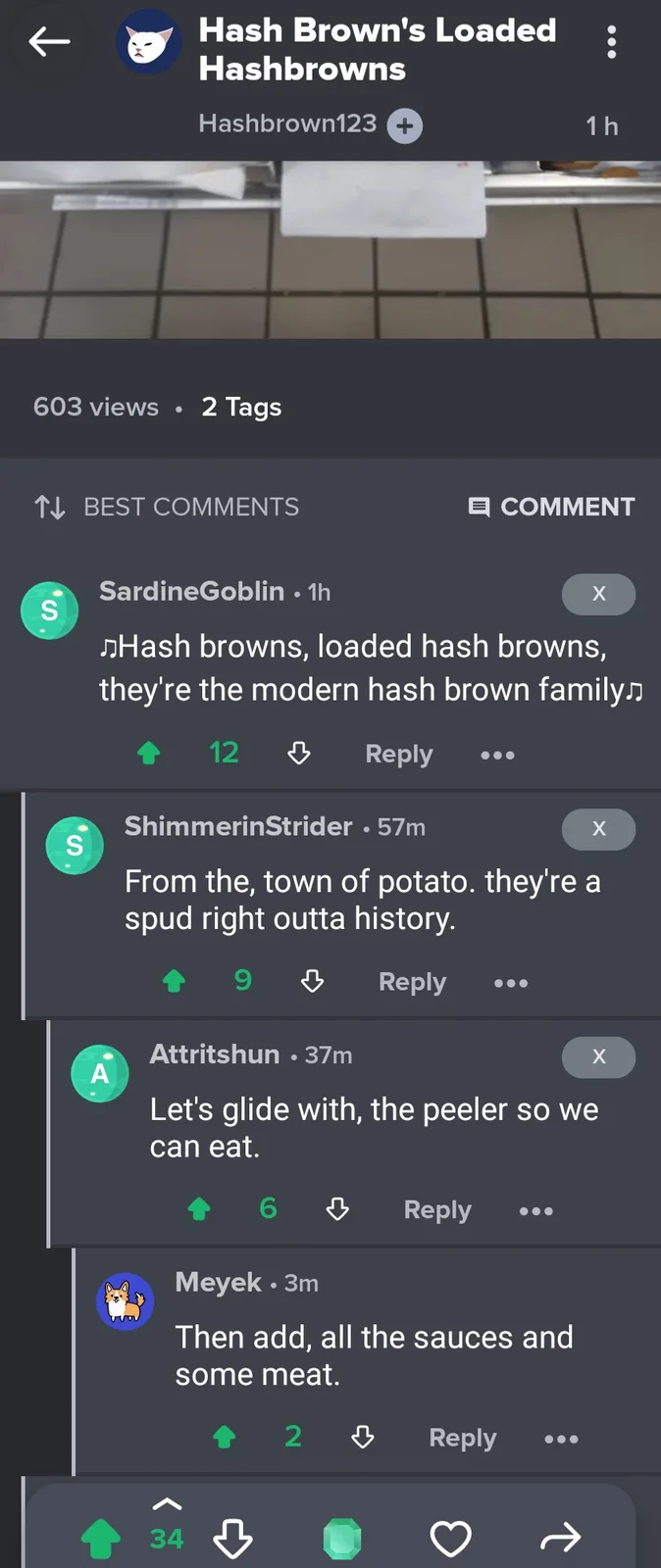 A screenshot of a social media post titled 'Hash Brown's Loaded Hashbrowns' shows a comment section where users humorously…