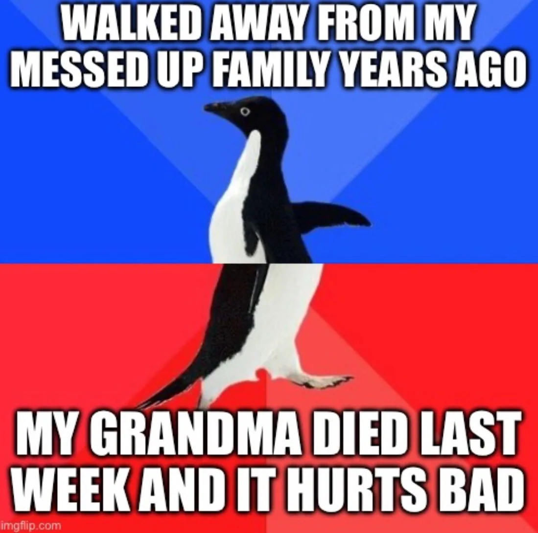 A penguin stands in profile against a split blue and red background. The top text reads 'WALKED AWAY FROM MY MESSED UP…