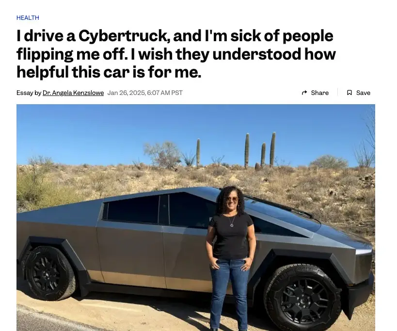 A woman stands confidently next to a silver Tesla Cybertruck in a desert landscape with cacti in the background. The…