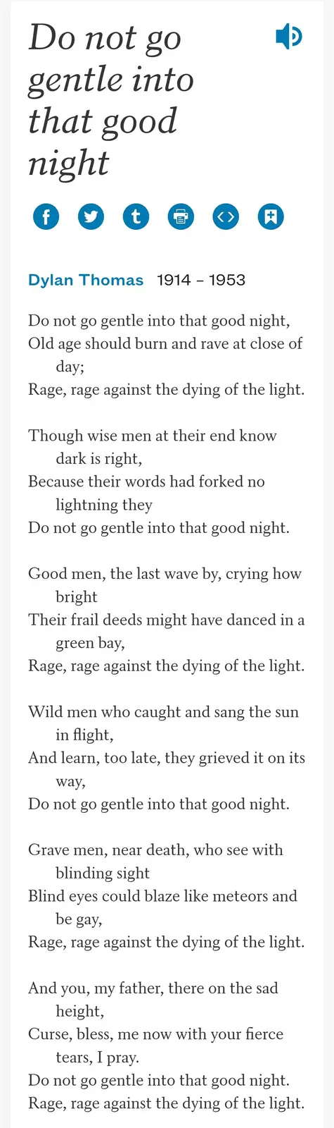 The image displays the full text of Dylan Thomas's poem 'Do not go gentle into that good night,' presented in a clean…