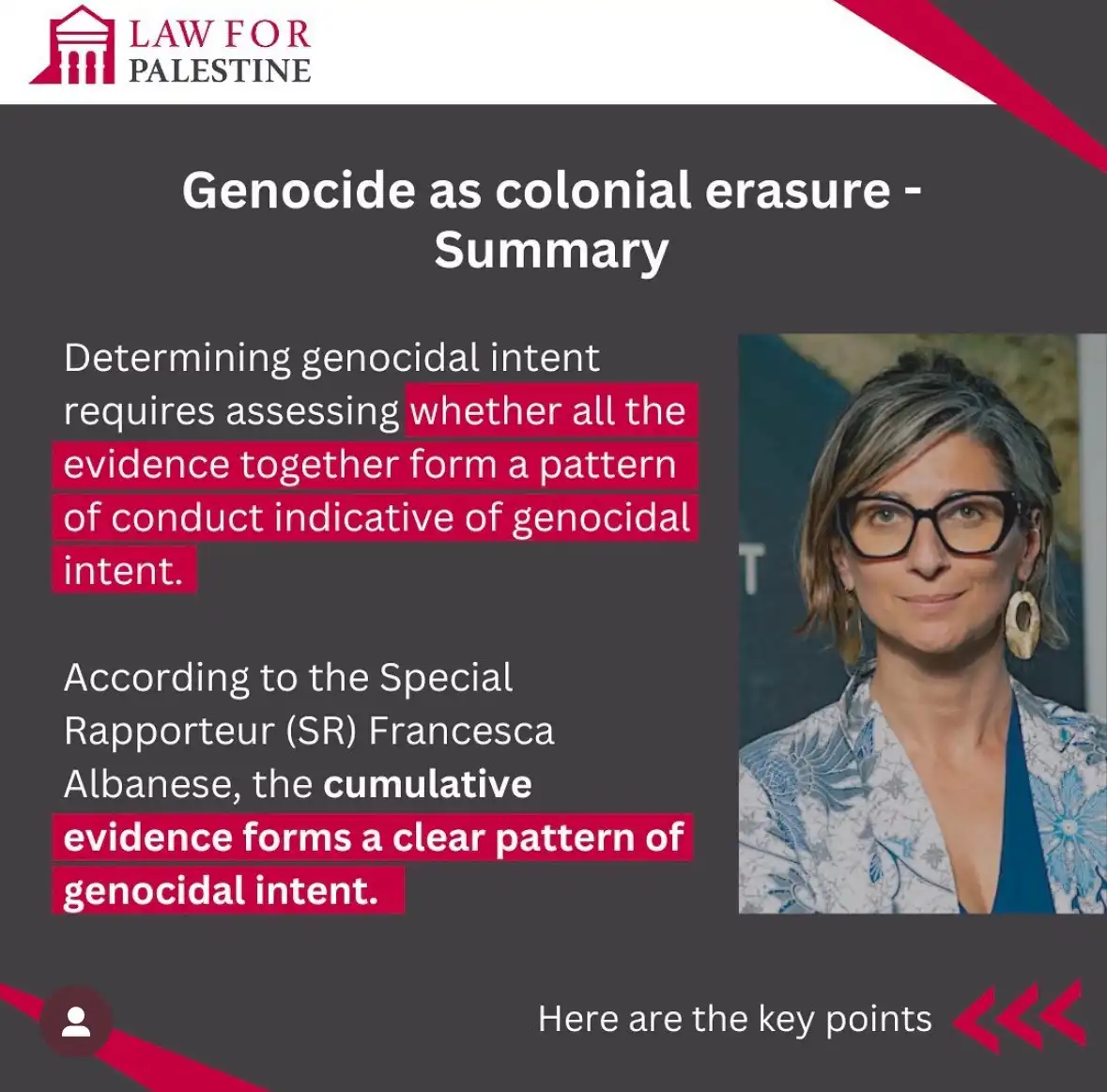 A graphic from 'Law for Palestine' titled 'Genocide as colonial erasure - Summary' features text outlining legal criteria…