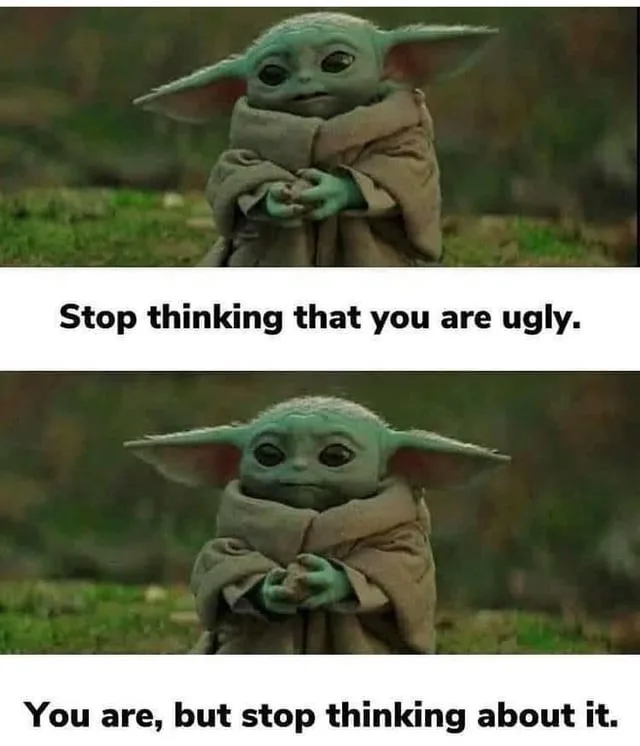 The image shows two panels of Baby Yoda (Grogu) from Star Wars, wrapped in a brown robe, looking at the viewer with a calm…