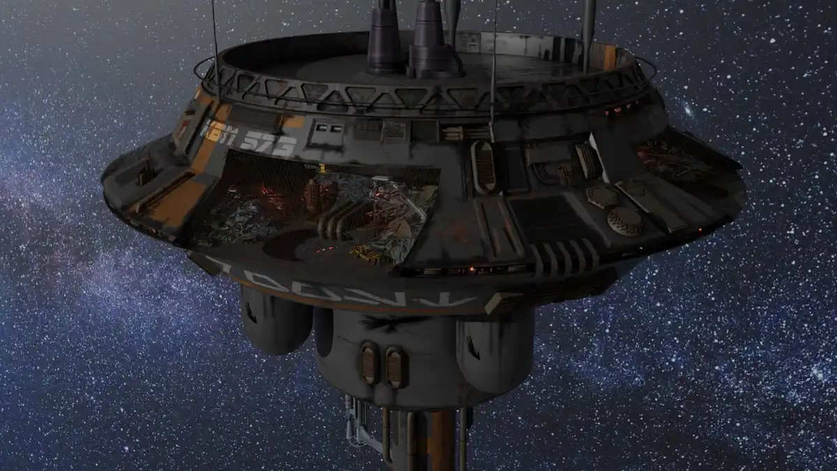 A heavily damaged, circular space station or ship with visible rust, dents, and debris inside its open hull, floating in a…