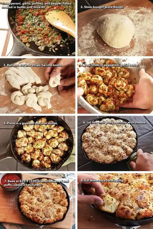 An eight-panel cooking tutorial image showing the step-by-step process of making garlic pepperoni knots using store-bought…